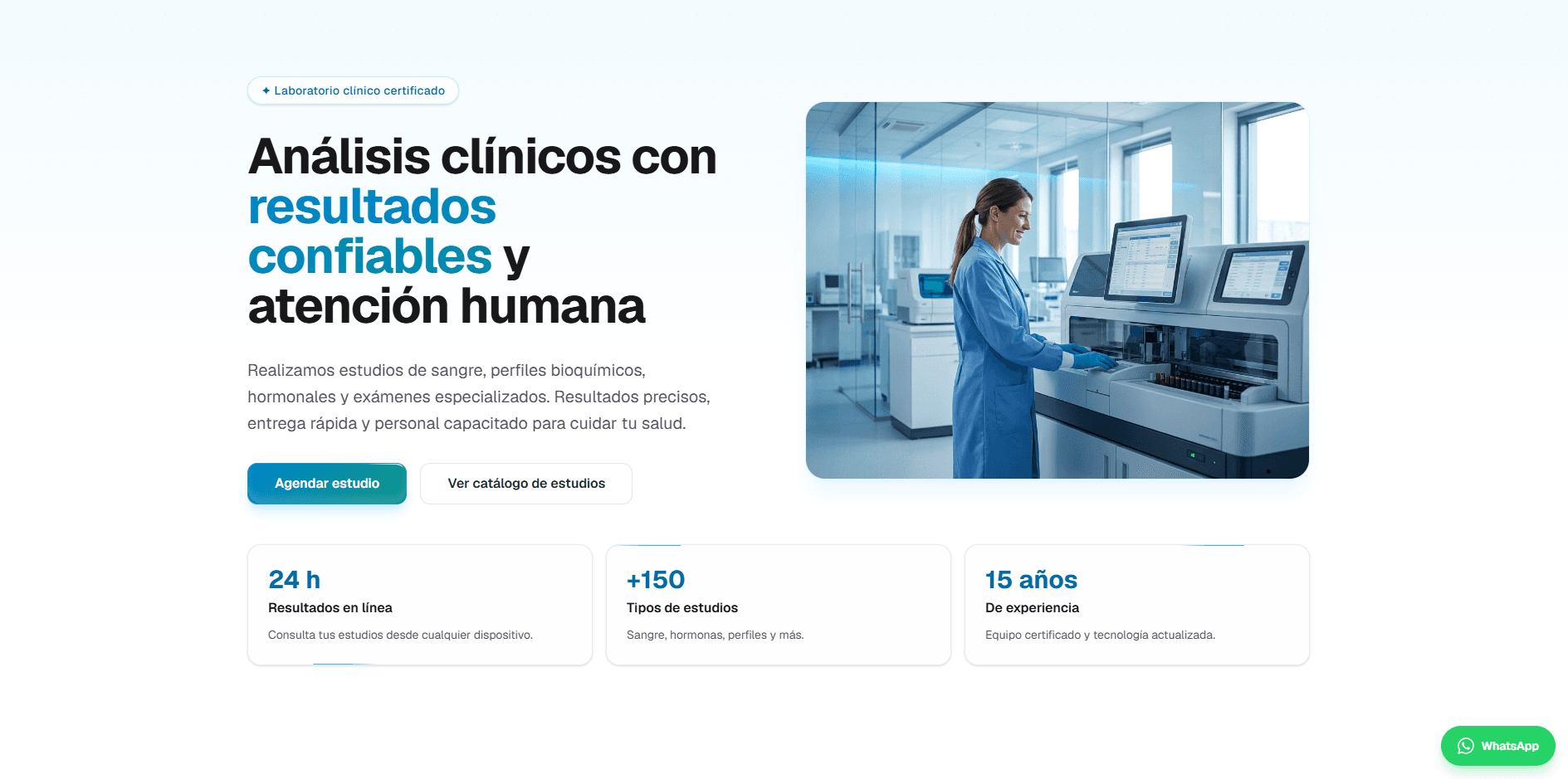 Clinical laboratory landing page with laboratory equipment and study information.